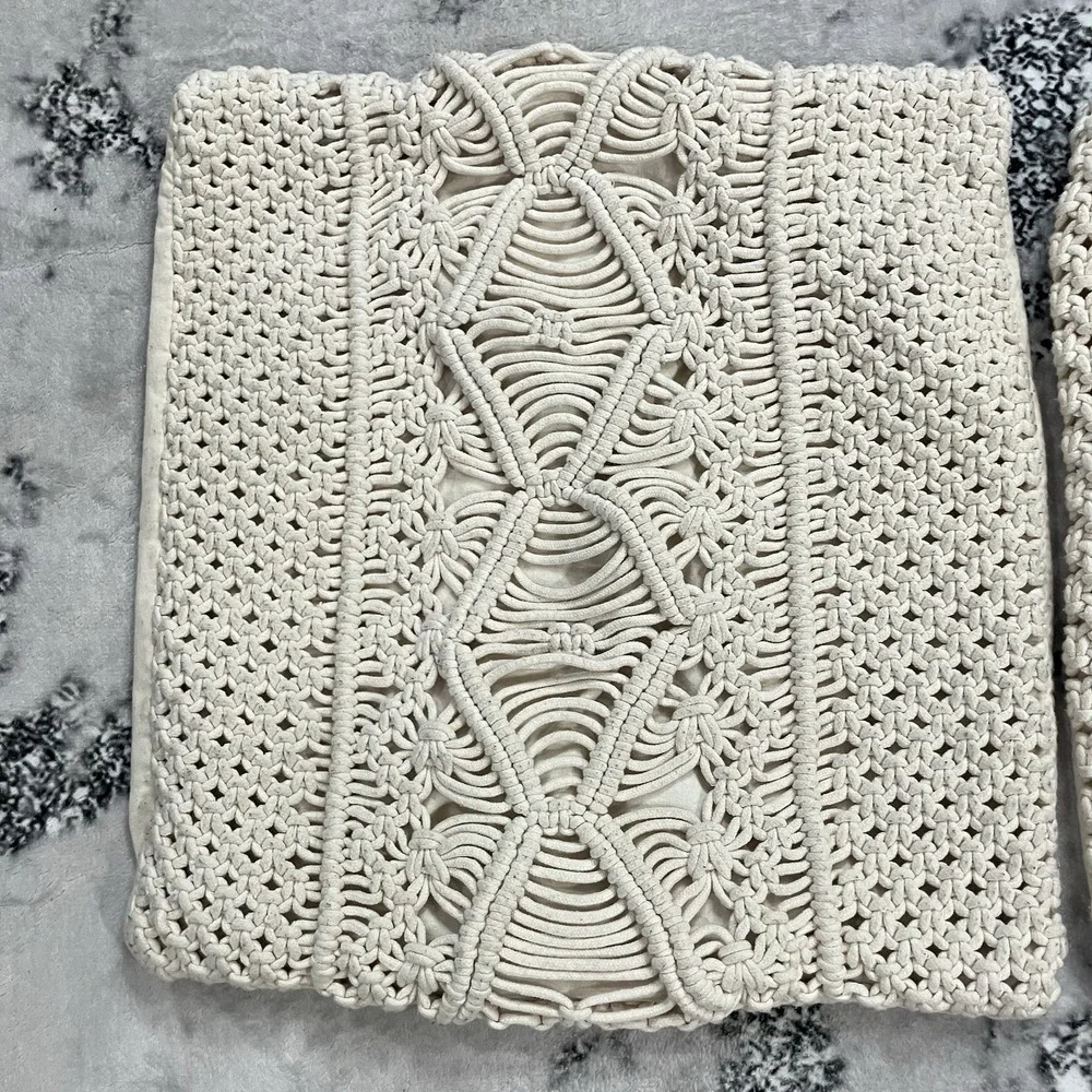 Macrame Pillow Covers Set of 2 Ivory Boho Crochet Decorative Throw Pillow Cases